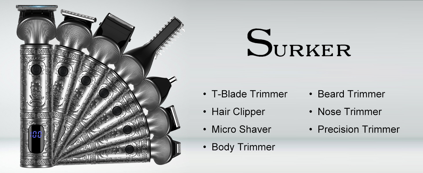 Набір для стрижки Surker Profi 7 в 1: машинка для стрижки волосся, тример для бороди та тіла, носовий тример, бритва (сірий)