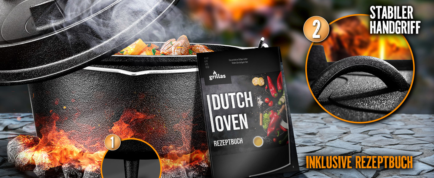 Набір голландської печі з рецептами | вже обпалений - попередньо оброблений | Голландська піч з чавуну | жаровня з підйомником кришки та ручками (каструля без ніжок, 4,2 літри / 4,5 QT) Каструля без ніжок 4,2 літри / 4,5 QT