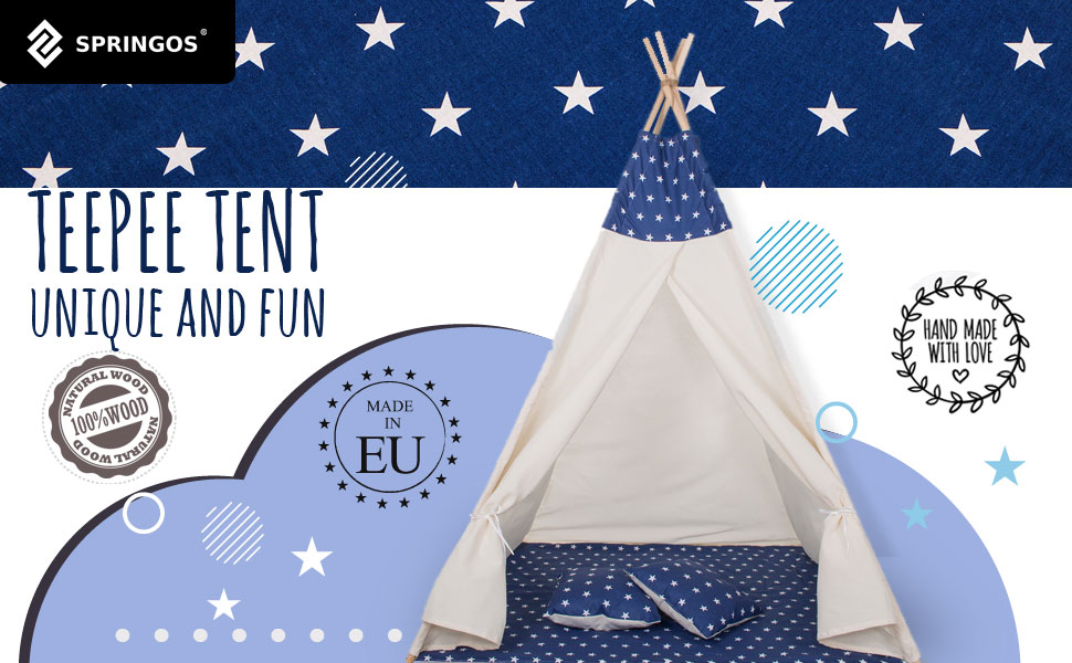 Дитячий намет-типі SPRINGOS, 160 x 120 x 100 см, темно-синій з зірками, з килимком та подушкою