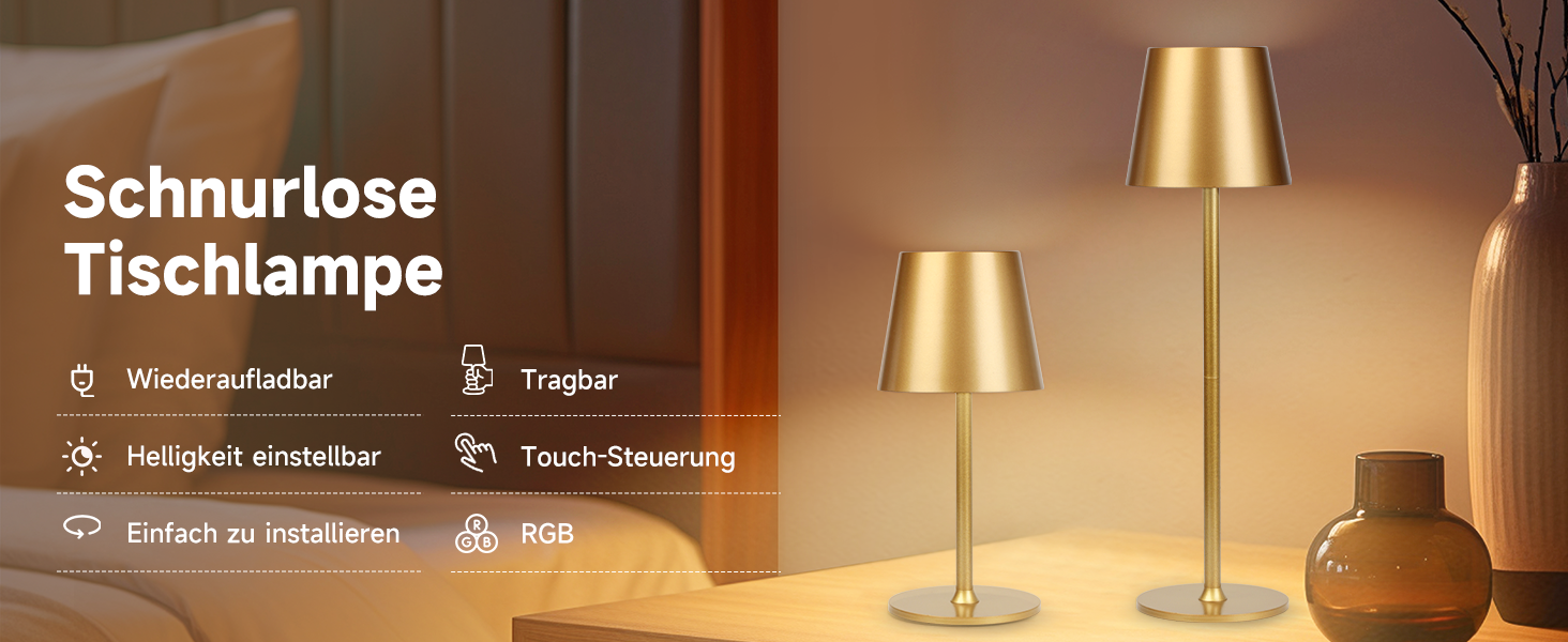 2 шт. Бездротові LED-лампи настільні, перезаряджувані, 3000K та RGB, USB-C, 5500mAh, золоті (2 шт.)