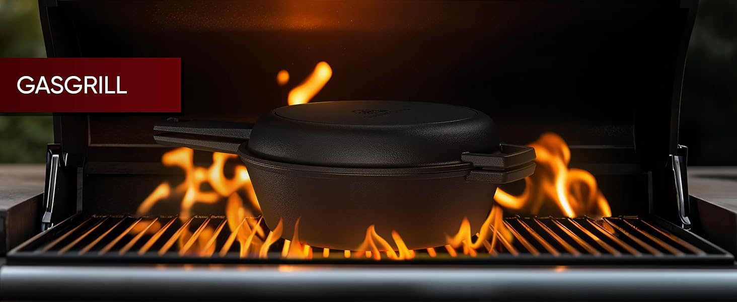 Нідерландський горщик 2в1 з чавуну 4.8л & сковорода з чавуну 1.8л - Набір нідерландського горщика з подвійною функцією - з кулінарною книгою та аксесуарами для барбекю, кемпінгу та кухні - 30 років гарантії (2в1 сковорода)