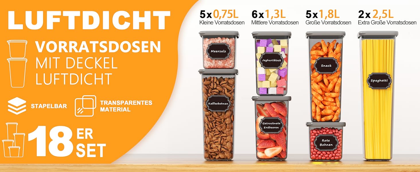 Набір контейнерів для зберігання продуктів 18 шт. з кришкою, герметичні, для кухні, антрацит (до 2,5л)
