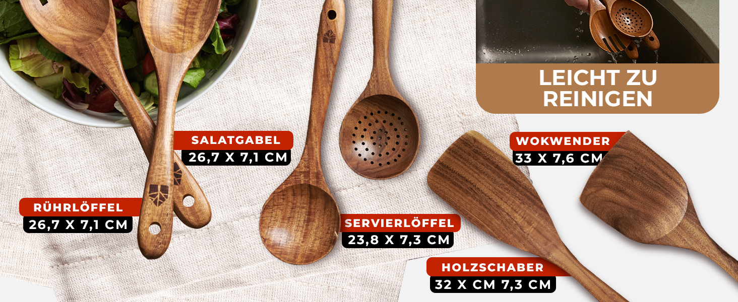 Дерев'яні лопатки для кухні - набір з 6 шт. з текового дерева (лопатки та лопатка для смаження) - натуральні, для антипригарного посуду, стійкі до високих температур