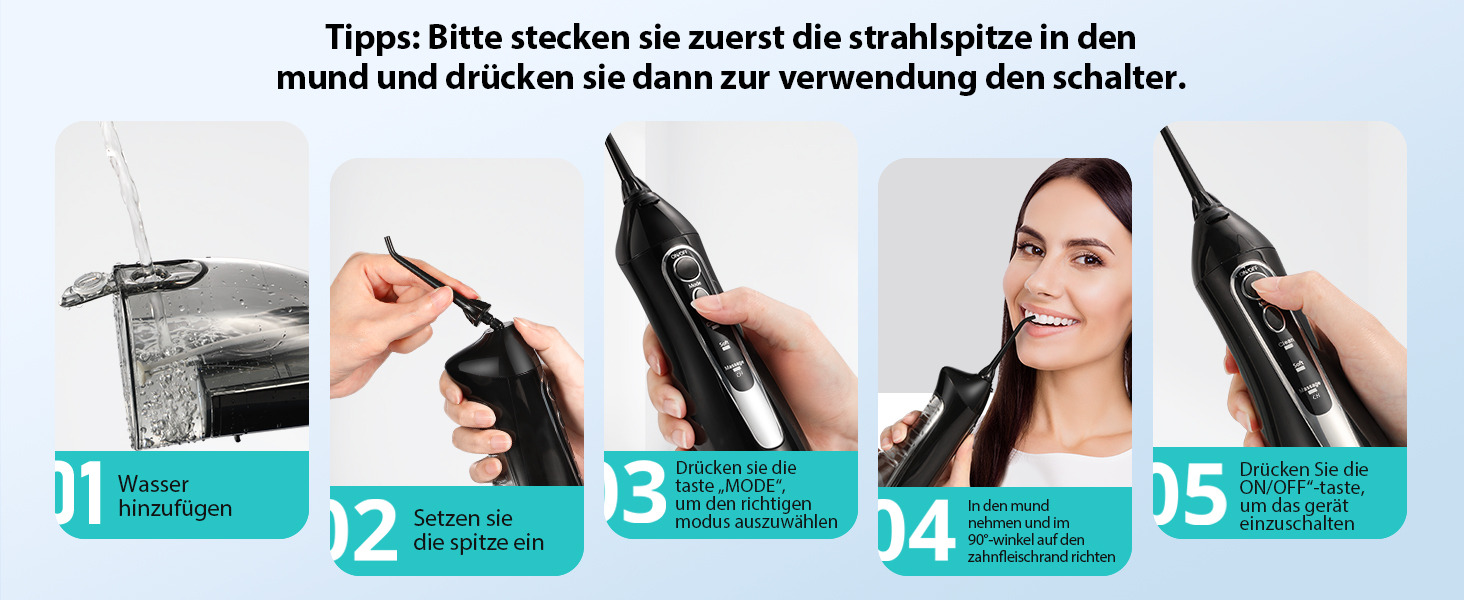 Портативна електрична душова насадка COSLUS: 300 мл, IPX7, 5 насадок, для догляду за порожниною рота, білий (чорний)