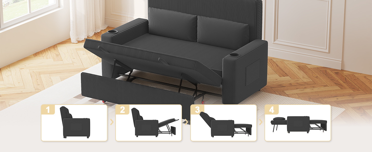 Диван-ліжко JUMMICO 2-місний розкладний сірий з подушками та підсклянниками для вітальні та спальні 75x160x93 см