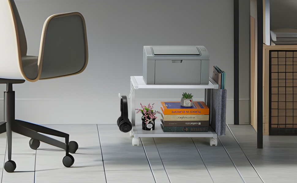 Друкерний стіл Shinoske з 2 рівнями, ролик з дерева та металу, 45x29x33 см. Підходить для принтера, сканера, факсу, офісу та дому