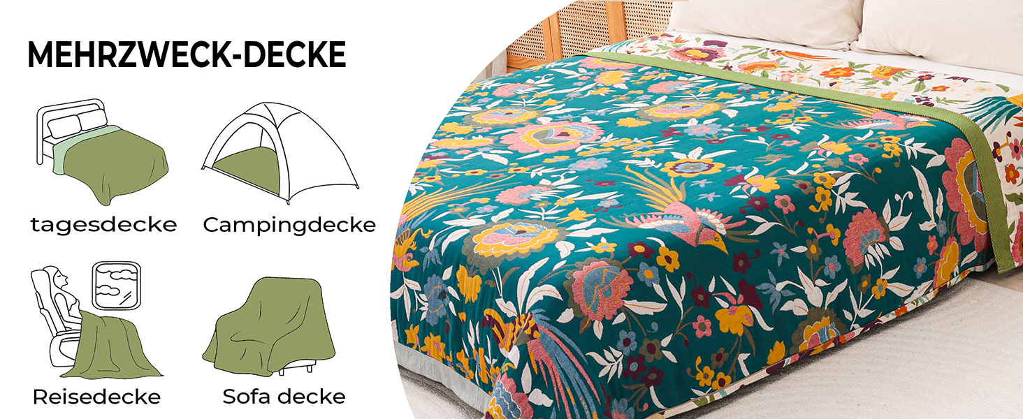 Плед Boho з 100% бавовни, стиль кантрі, 150x200 см, гранатовий колір. Плед на диван та ліжко з квітковим візерунком (квіти, птахи)