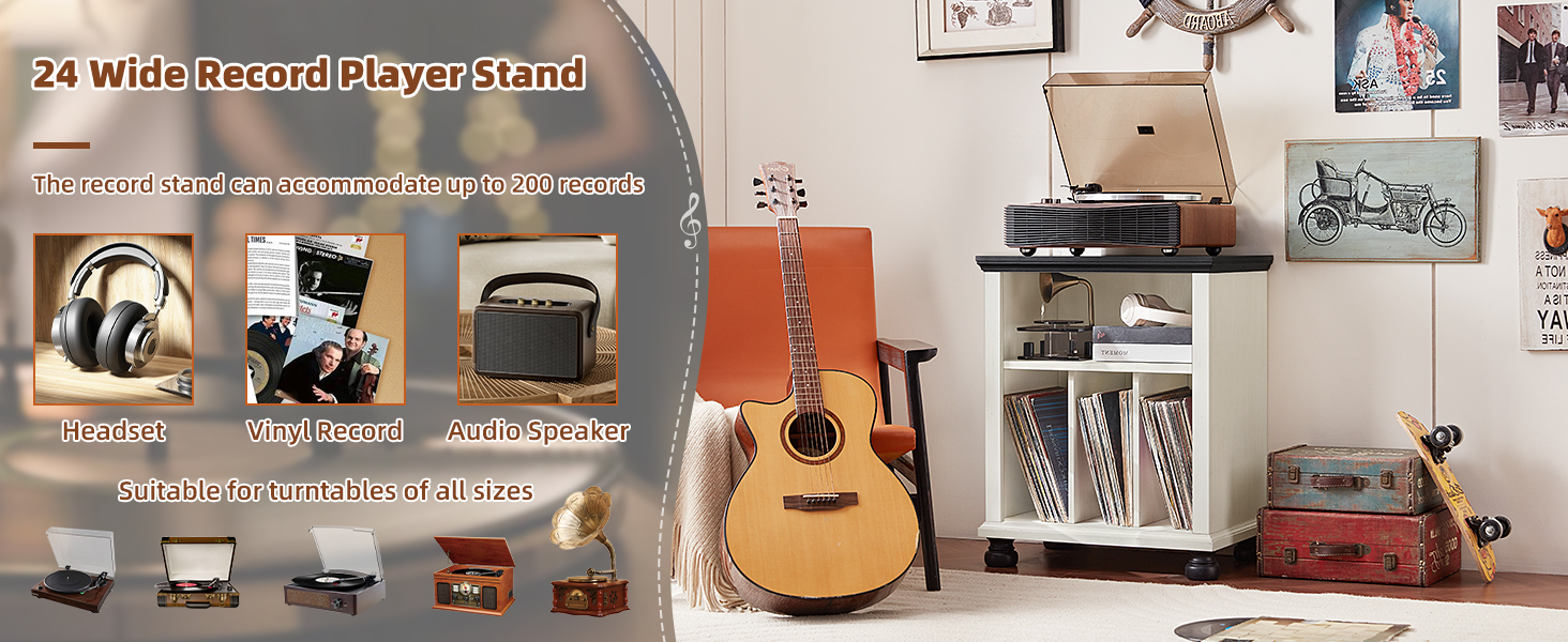 Стійка для програвача LELELINKY: полиця для 200 платівок, дерев'яний стіл для вітальні, спальні, офісу, білий