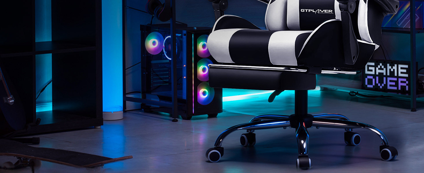 Ігровий крісло GTPLAYER з масажем, підніжка, підголовник, поперекова подушка, обертове, штучна шкіра, білий колір