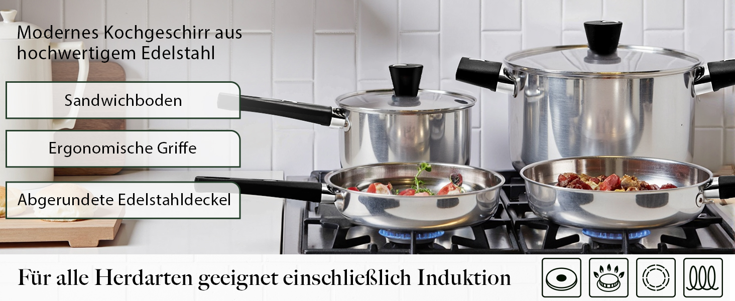 Набір каструль 6 шт. з нержавіючої сталі для індукційних плит, Cookware Set, нержавіюча сталь, без антипригарного покриття, сумісний з усіма типами плит, з кришкою та захистом від опіків, для посудомийної машини