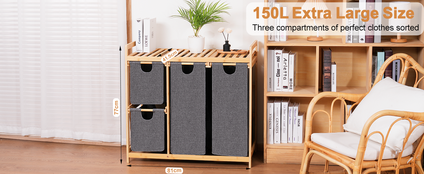 Кошик для білизни iEGrow з 4 відділеннями, 150л, бамбуковий візок для білизни з полицею, місткий кошик для брудної білизни з оксфордської тканини (сірий)