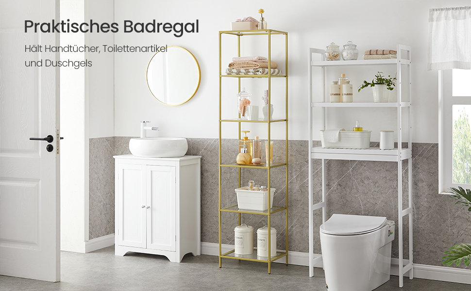 Регал VASAGLE з 5 полицями, скляна вітрина для ванної, вітальні, кухні, офісу, прозора + металік золото, легка збірка, LGT029A01