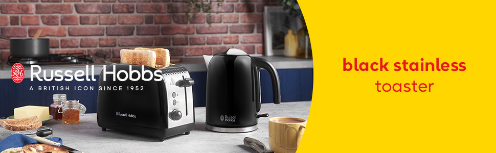 Тостер Russell Hobbs Colours Plus Edelstahl на 2 тости, чорний - з підставкою для булочок, 6 режимів підсмажування, розморожування, функція Lift & Look, 1600 Вт
