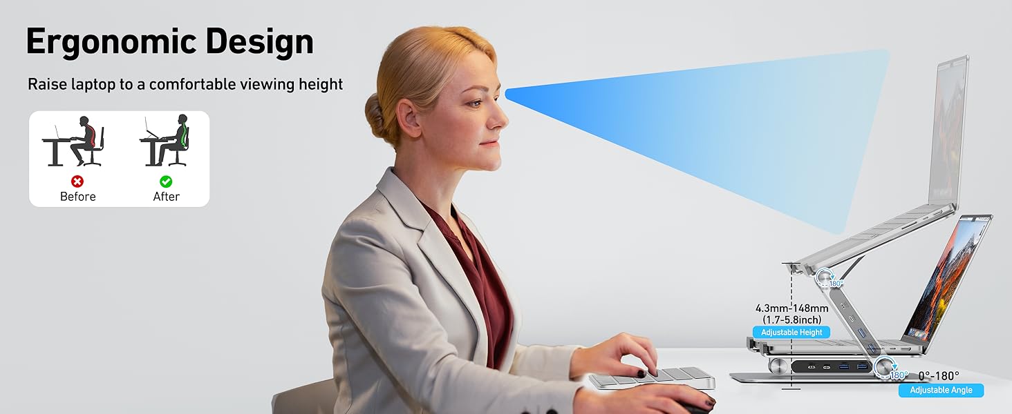 Підставка для ноутбука BENFEI з док-станцією USB-C 6-в-1: HDMI (4K@60Hz), Gigabit LAN, 100W Power Delivery, 10Gbps (1x USB-C 3.2 & 2x USB-A 3.2) – сумісна з MacBook Pro/Air, iPad Pro, XPS, ThinkPad