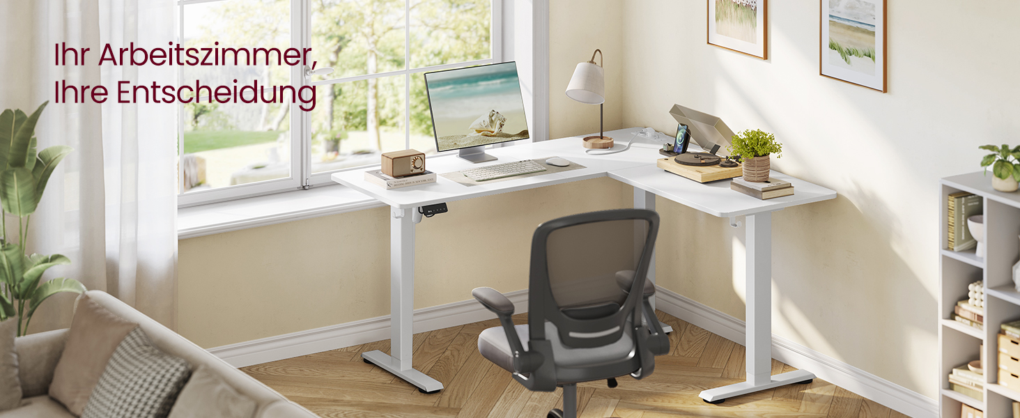 Електричний кутовий стіл VASAGLE з регулюванням висоти, 140 x 160 см, з підзарядкою, пам'ять висоти (2 положення), для офісу, білий (вохрений + матовий)