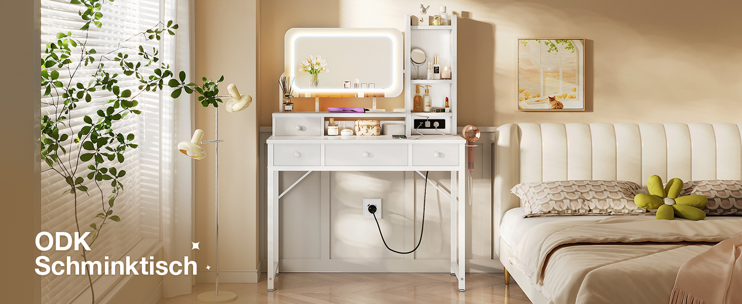 Трюмо ODK з регульованим LED-дзеркалом, туалетний столик з 4 висувними ящиками, USB-порт, білий колір, 100×40×140 см