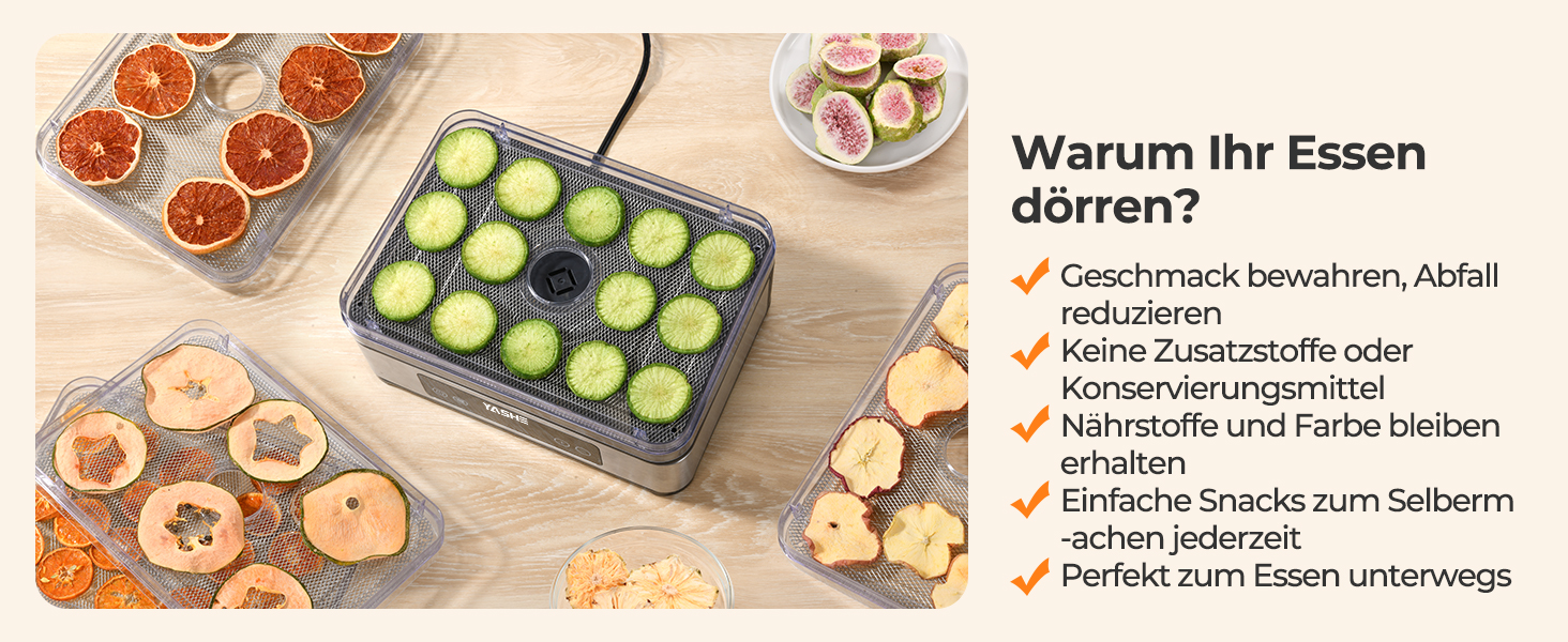 Сушарка для продуктів YASHE 5 рівнів, нержавіюча сталь, з таймером та регулюванням температури, 400W, для м'яса, фруктів, трав, кормів для собак