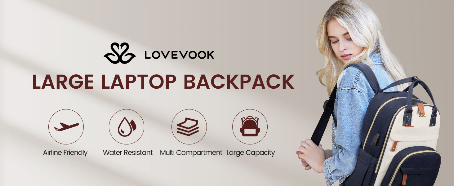 LOVEVOOK Рюкзак для жінок з відділенням для ноутбука 15.6 дюймів, шкільний рюкзак для дівчаток та підлітків, водонепроникний, анти-крадіжка, для школи, подорожей, роботи, легкий, з PU-матеріалу, кольори: бежевий, темно-синій, коричневий