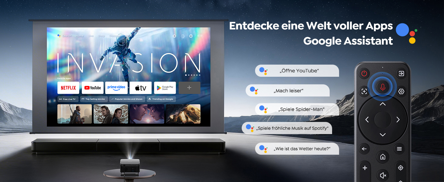 Проектор Google TV Beamer 4K Smart: Кінотеатр вдома 1080P FHD, Автофокус, Трапецеїдальна корекція, WiFi, Bluetooth, Портативний, Чорний