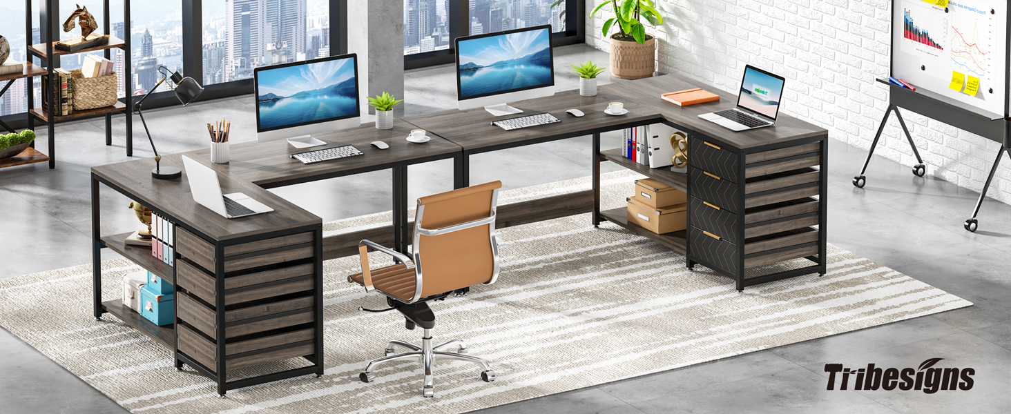 Письмовий стіл Tribesigns L-подібний з 4 шухлядами, комп'ютерний стіл, 2 полиці, кутовий, з місцем для зберігання, для офісу, кабінету, вітальні, 150×110×75 см (Волоський горіх & Білий) (Сірий)