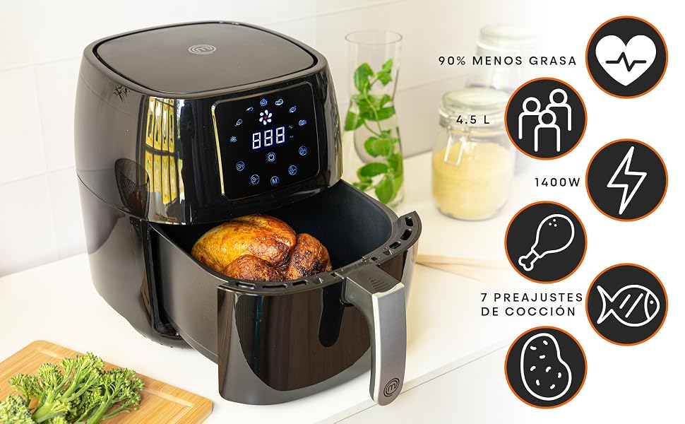 Аерофритюрниця MasterChef 4.5Л 1400Вт з цифровим сенсорним керуванням, 7 програм, без олії, функція підігріву та розігріву, 80-200°C