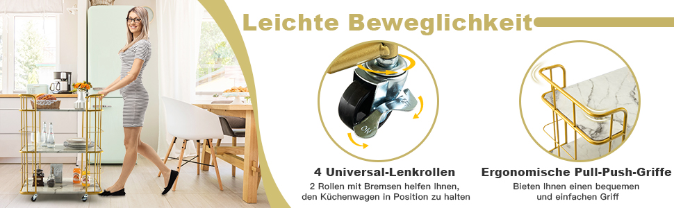 Кухонний візок COSTWAY з універсальними колесами, 3 полиці, мармуровий барний візок, мобільний візок, золотий