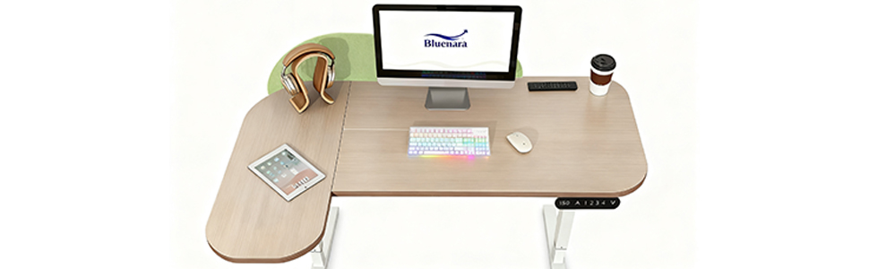 Електричний кутовий стіл з регулюванням висоти 150 см, L-подібний, з 4-ма пам'ятями, з'єднувальною панеллю, для дому та офісу (150x68 см, світло-коричневий/зелений)