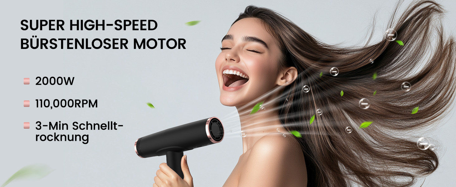 Іонний фен для волосся Slopehill з безщітковим двигуном 110,000 RPM, біокерамічний технологічний обдув, магнітний дифузор, низький рівень шуму, матовий чорний