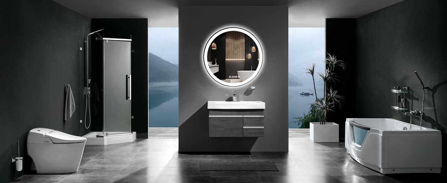 Дзеркало кругле PESENXAN 70 см з чорною рамою та підсвічуванням. Антизапарник, регульоване світло, LED, енергозберігаюче, сенсорне управління, функція пам'яті. 70 x 70 см