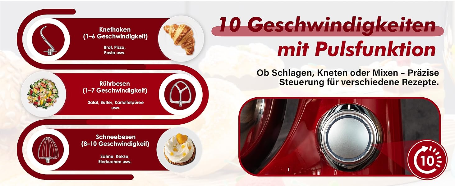 Кухонна машина Kitchen in the box 6L з 2 чашами по 3.5L, 10 швидкостей, з гаками для тіста, вінчиками та вінчиком для збивання (червона)