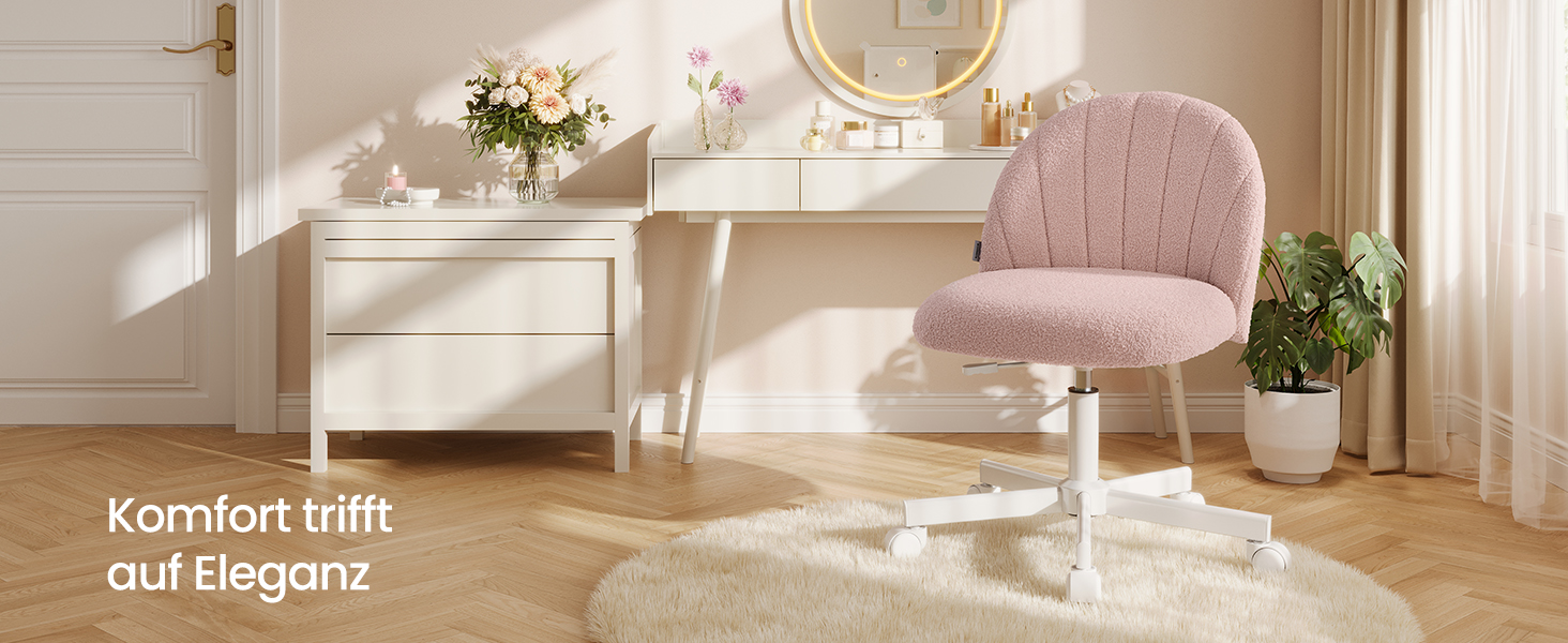 Крісло SONGMICS для дому та офісу, пухнастий стільчик для макіяжу, регульоване по висоті, з м'якою оббивкою, для робочого кабінету, спальні, гардеробної, кремово-білий (пастельно-рожевий)