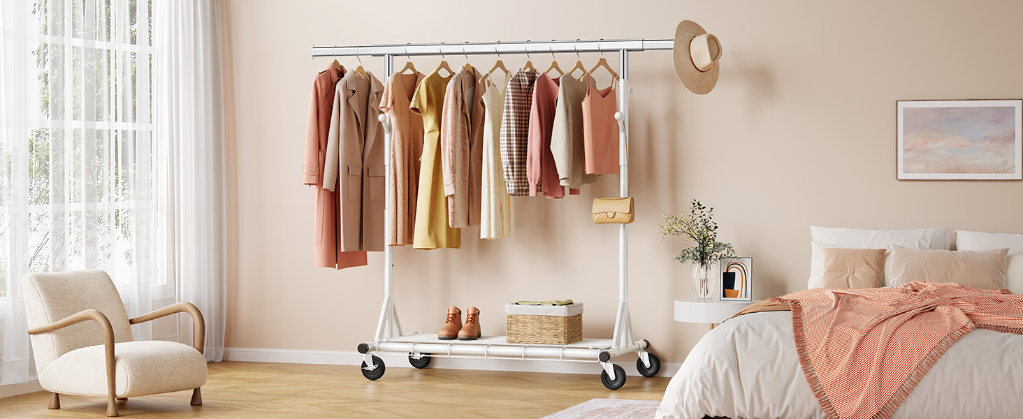 Стійка для одягу на колесах FAVOOOSTY, металева, мобільна, до 200 кг, швидка установка, білий колір, 1 перекладина