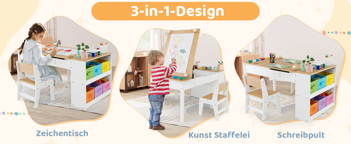 Дитячий стіл COSTWAY 3 в 1 з 2 стільцями, активний стіл-мольберт з підйомною стільницею, набір кольорів, 6 тканинних контейнерів та рулон паперу, сірий, 109x60x55 см