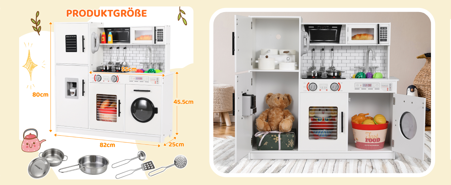 Дерев'яна дитяча кухня MAMIZO з підсвіткою та звуком, 82x80x25 см. Комплект іграшок для дітей від 3 років, біла