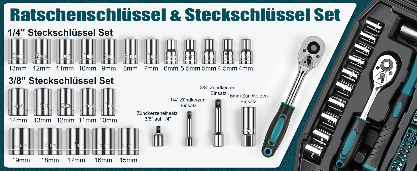 Набір інструментів Sundpey 281 предметів у кейсі: набір гайкових ключів, викруток, шестигранників, плоскогубців (синій)