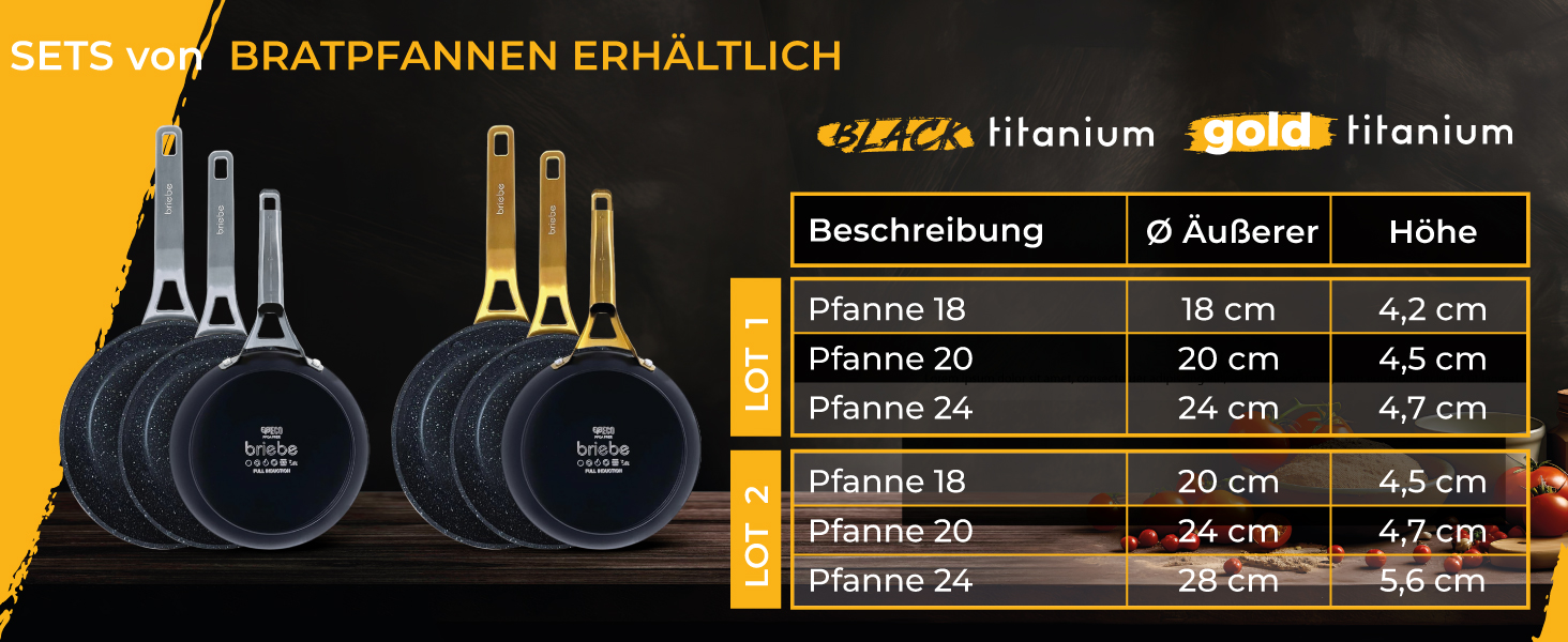 Набір сковорідок briebe Black Titanium 3 шт (20, 24, 28 см) з антипригарним покриттям для індукції