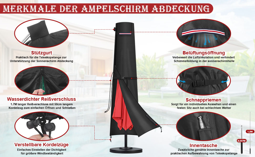 Захисний чохол для парасольки/газонного сонцезахисту LAMUNI, 250x30/50 см, водовідштовхувальний, зимовий, для сонцезахисту 3-5 м