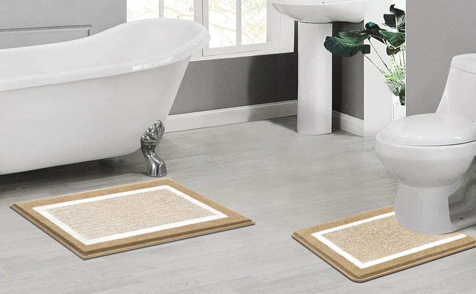 М'який килимок для ванної кімнати Pauwer Set 3 шт., мікрофібра, вбираючий, з антиковзаючим покриттям, комплект килимків для ванної, туалетного килимка та килимка перед ванною (Бежевий, 50x80+50x60 см)