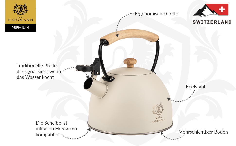 Електричний чайник Karl Hausmann 2.5L з автоматичним свистком - нержавіюча сталь, для індукційних, газових та електричних плит