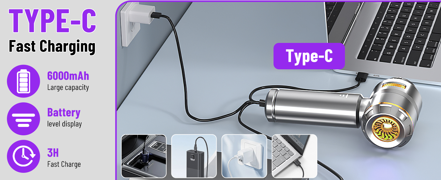 Акумуляторний ручний пилосос 4 в 1 для авто та дому, бездротовий міні-пилосос 22000Па з безщіточковим двигуном, 6000 mAh, електричний обдуватель для прибирання шерсті та пилу (Сріблясто-золотий)