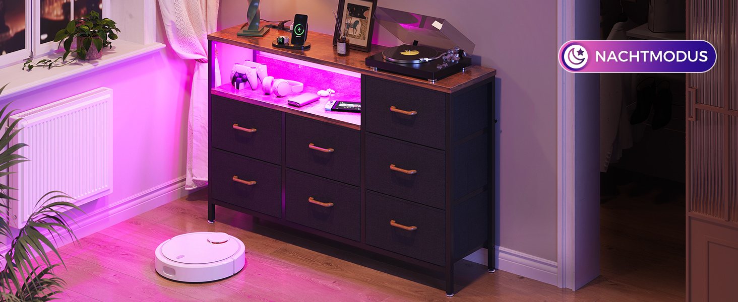 Комод Coleshome з висувними ящиками, LED-підсвічуванням, 2 USB-портами та розетками, 7 тканинних ящики, 132*30*89 см (Ретро колір)