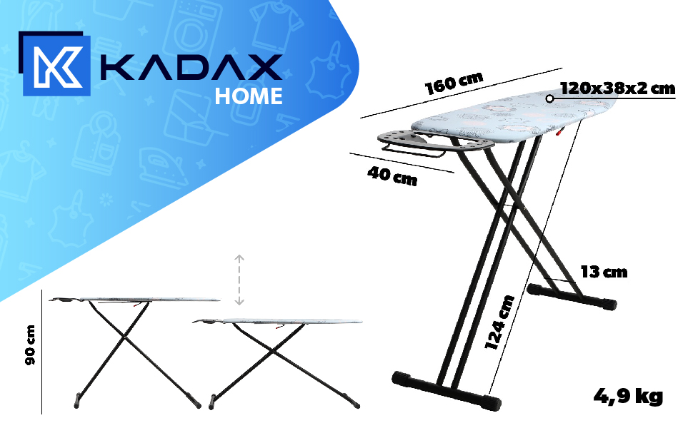 Прасувальна дошка KADAX, 120x38 см, регульована по висоті, протиковзкі ніжки, піна 8 мм (синій)