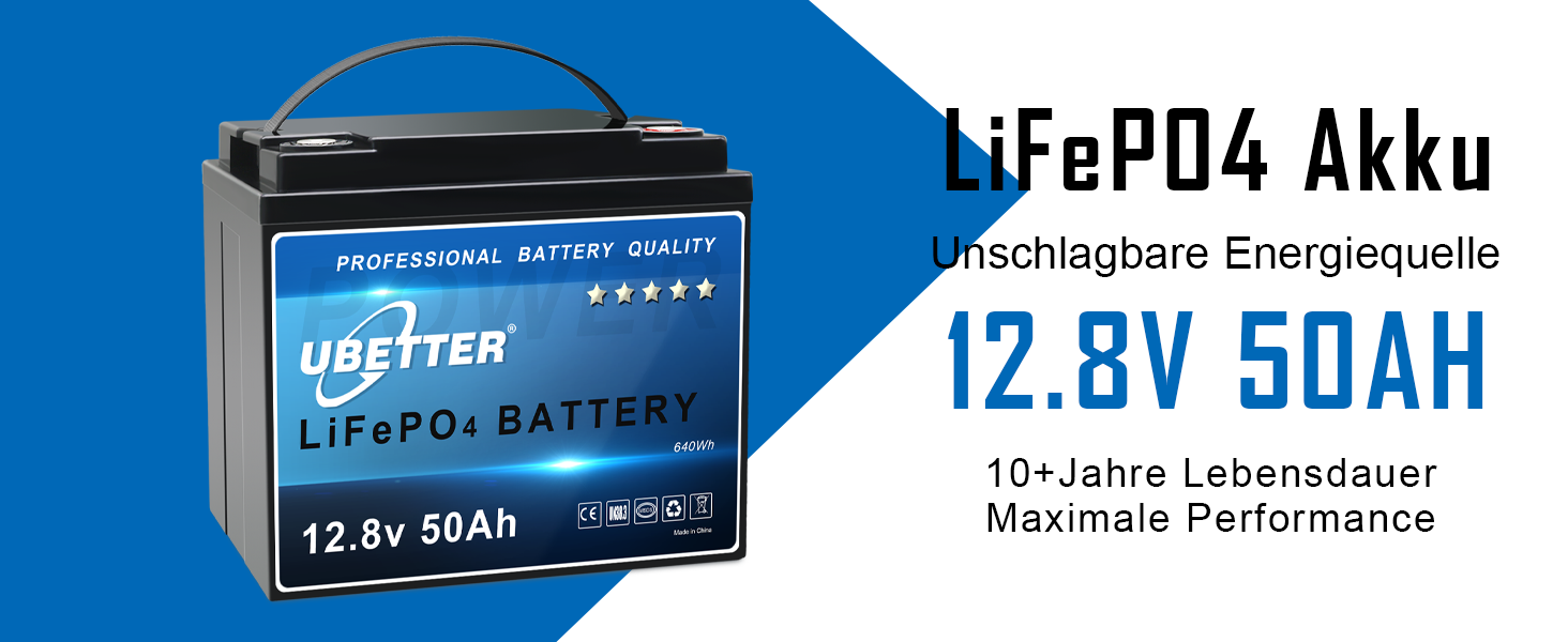 Акумулятор UBETTER Mini 12V 50Ah LiFePO4, 100A BMS, 1280 Втгод, 4000 циклів, компактний, легкий, термін служби 10 років