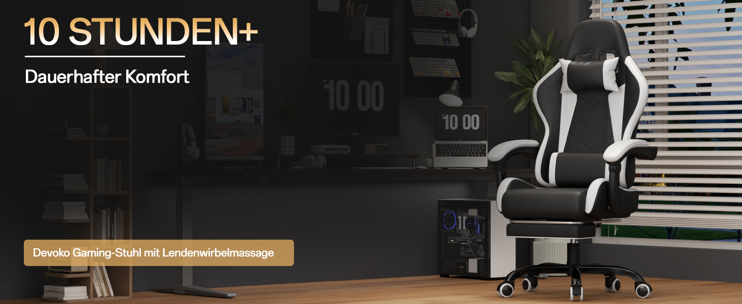 Ігровий крісло JUMMICO з масажем, ергономічний офісний стілець з підпоркою для попереку, регульована спинка 90-135°, підставка для ніг, максимальне навантаження 150 кг (білий, компактний)