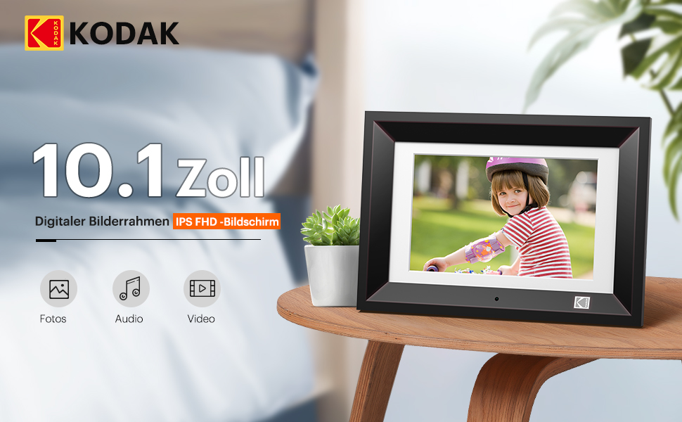 Цифровий фоторамка Kodak 10.1 дюйма з IPS-екраном, відтворення фото/музики/відео, календар, будильник, підтримка USB/SD, автоматичне обертання, з пультом керування, чорний