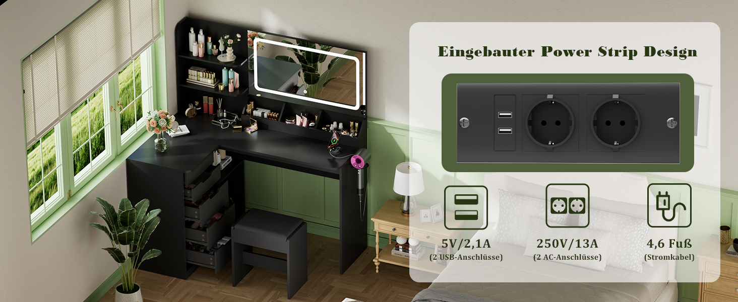 Дзеркальний столик для макіяжу Devoko з LED-підсвічуванням та пуфом, кутовий туалетний столик з розеткою, 5 ящиків, відкриті полиці, тримач для фену, для спальні (Білий) (Чорний)