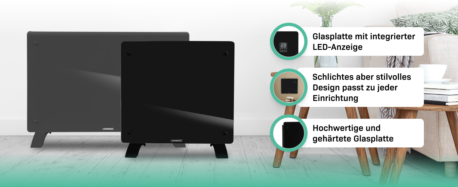 Електричний конвекторний обігрівач VONROC 2000W - для кімнат до 24м² - настінний/підлоговий монтаж - ручне/APP керування, білий