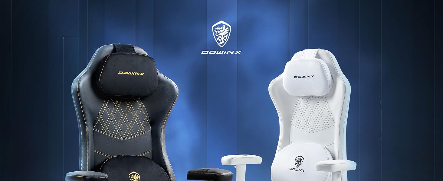 Ігровий крісло Dowinx з масажем та підігрівом, дихаюча спинка, регульоване, з підніжкою, підтримка спини та шиї, чорно-білий (чорний з золотом)