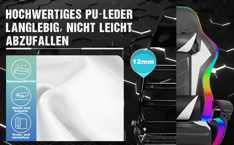 Ігровий крісло Devoko з LED підсвічуванням, білий. Ергономічний офісний крісло з функцією масажу, телескопічною підніжкою, регулюванням спинки 90-135°, вантажопідйомність 150 кг