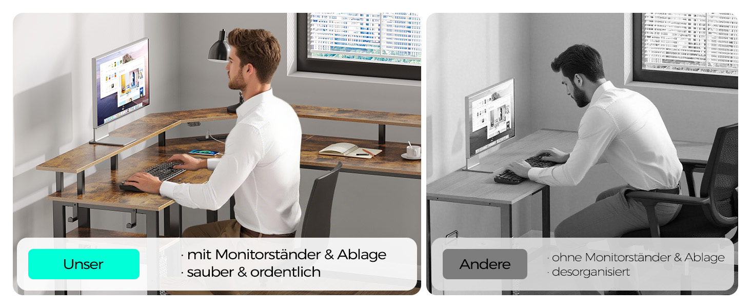 Комп'ютерний стіл Rolanstar L-подібний з RGB підсвічуванням та розетками, геймінговий стіл з полицею та гачками, для офісу, робочого кабінету, спальні (117 см, Vintagebraun, 137 x 137 x 87 см)